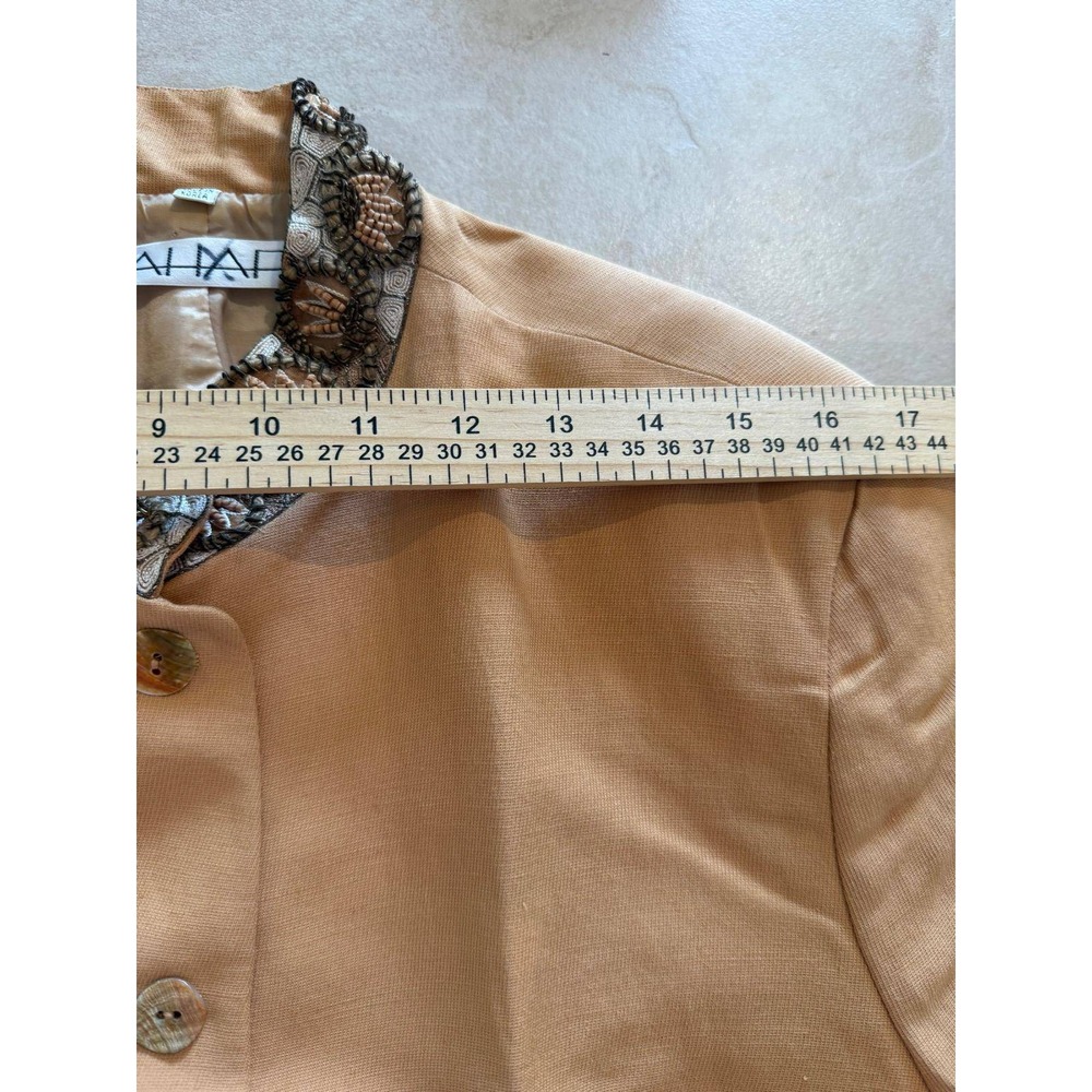 Vintage Tahari Beaded Collar Linen Blend Blazer Jacket Tan Beige Size 14 90s - Picture 7 of 8
